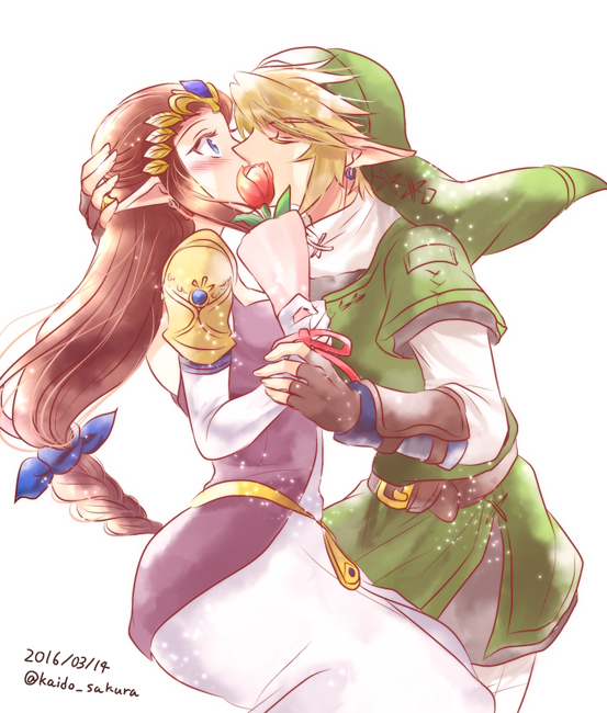 1boy, 1girl, blonde_hair, blue_eyes, blush, brown_hair, closed_eyes, flower