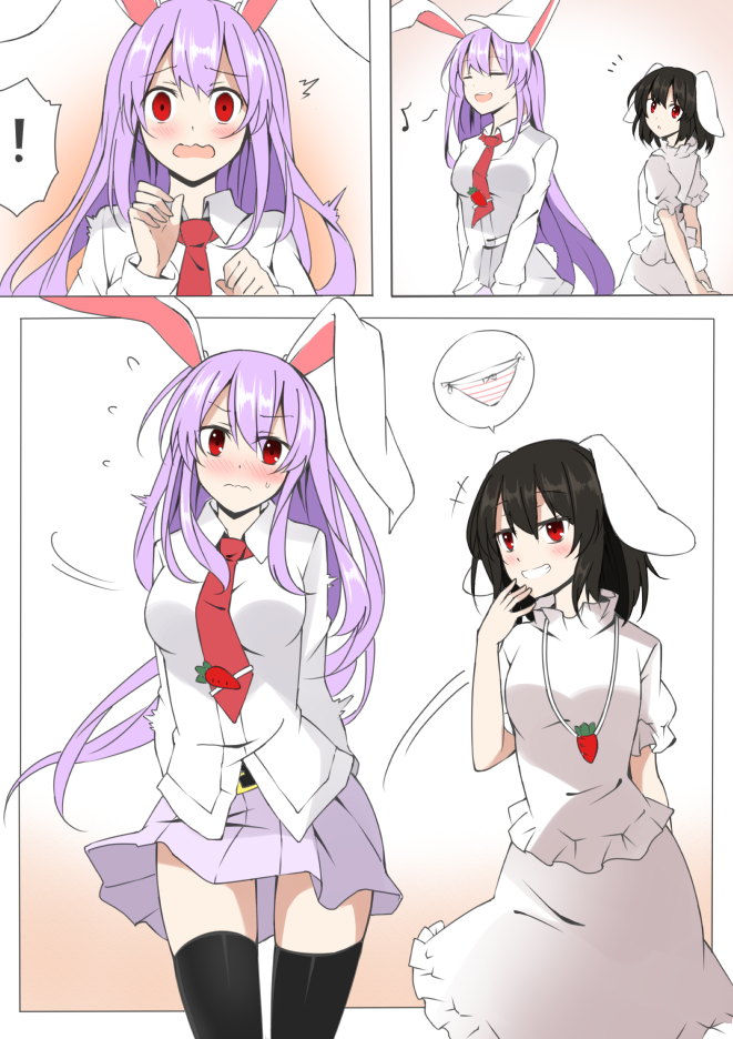 !, /\/\/\, animal_ears, arms_behind_back, belt, black_hair, black_legwear, blouse, blush, breasts, bunny_tail, carrot_necklace, collared_shirt, cowboy_shot, grin, hand_to_own_mouth, inaba_tewi, lavender_hair, long_hair, looking_at_another, motion_lines, musical_note, necktie, open_mouth, panties, rabbit_ears, red_eyes, reisen_udongein_inaba, shirt, short_hair, skirt, skirt_tug, smile, spoken_exclamation_mark, spoken_object, spoken_panties, striped, striped_panties, surprised, sweatdrop, tail, thigh-highs, tie_clip, touhou, underwear, wavy_mouth, xialuluo_(sharuro), zettai_ryouiki