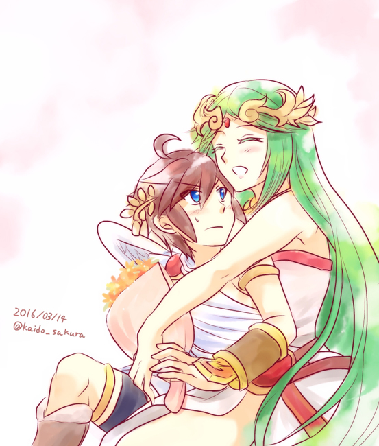 1boy, 1girl, blush, brown_hair, closed_eyes, green_hair, kaidou_mitsuki, kid_icarus, kid_icarus_uprising, long_hair, open_mouth, palutena, pit_(kid_icarus), short_hair, smile, super_smash_bros., wings