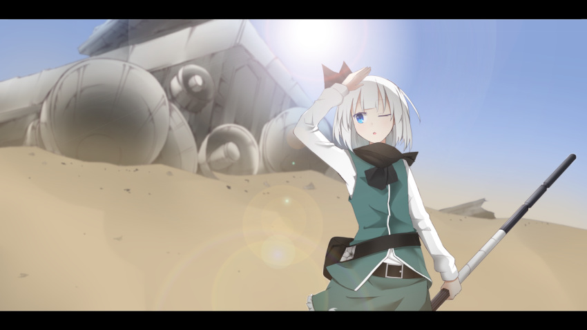 1girl, arm_up, bag, belt, blue_eyes, blue_sky, blurry, collared_shirt