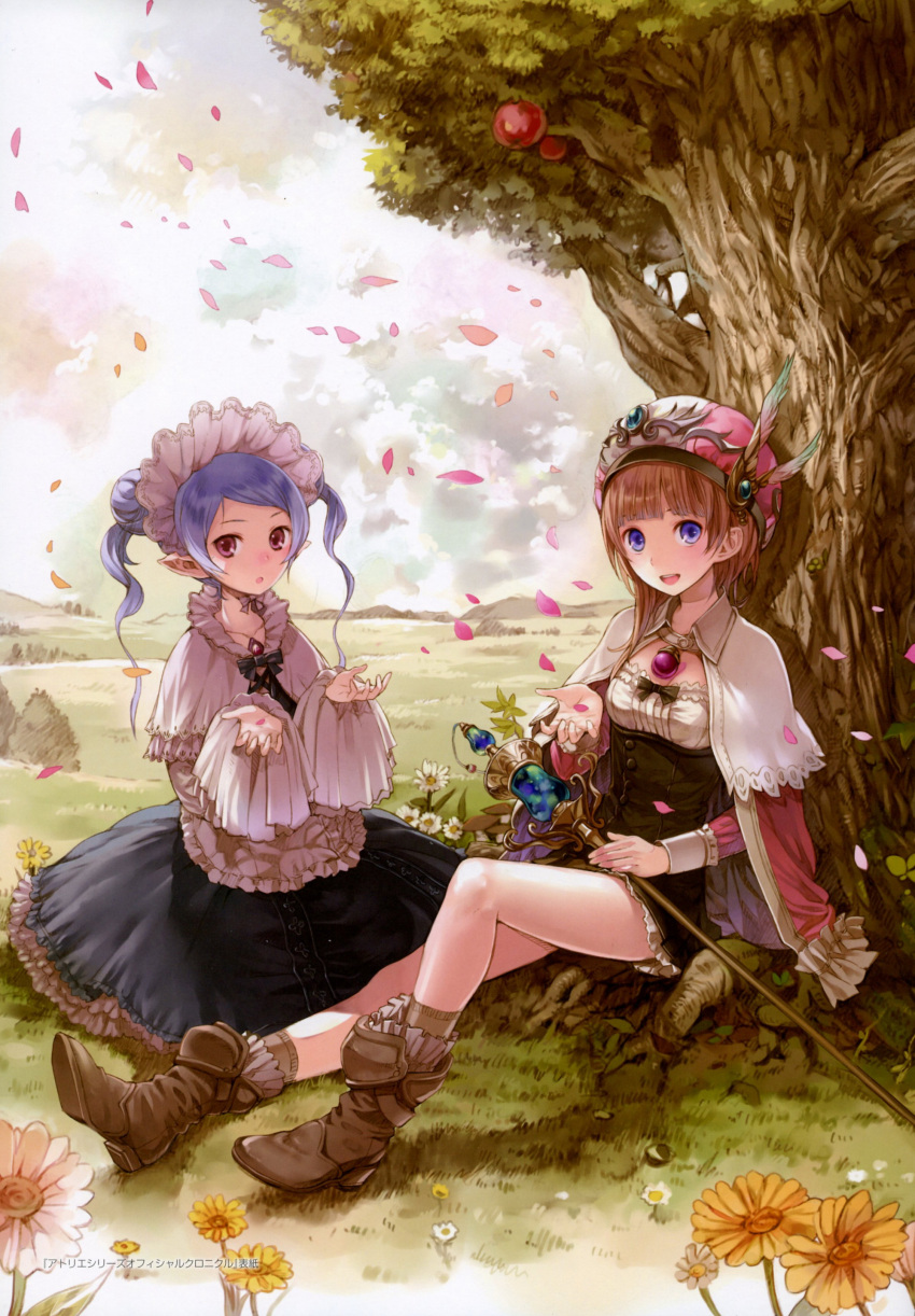 2girls, absurdres, apple, apron, atelier_(series), atelier_rorona, blue_hair, boots