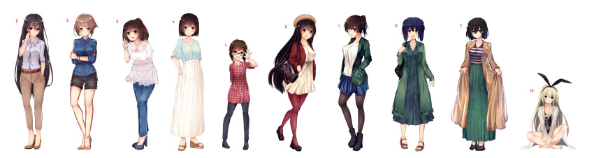 6+girls, akagi_(kantai_collection), alternate_costume, alternate_hair_color, anchor_symbol, arm_behind_back, bag, barefoot