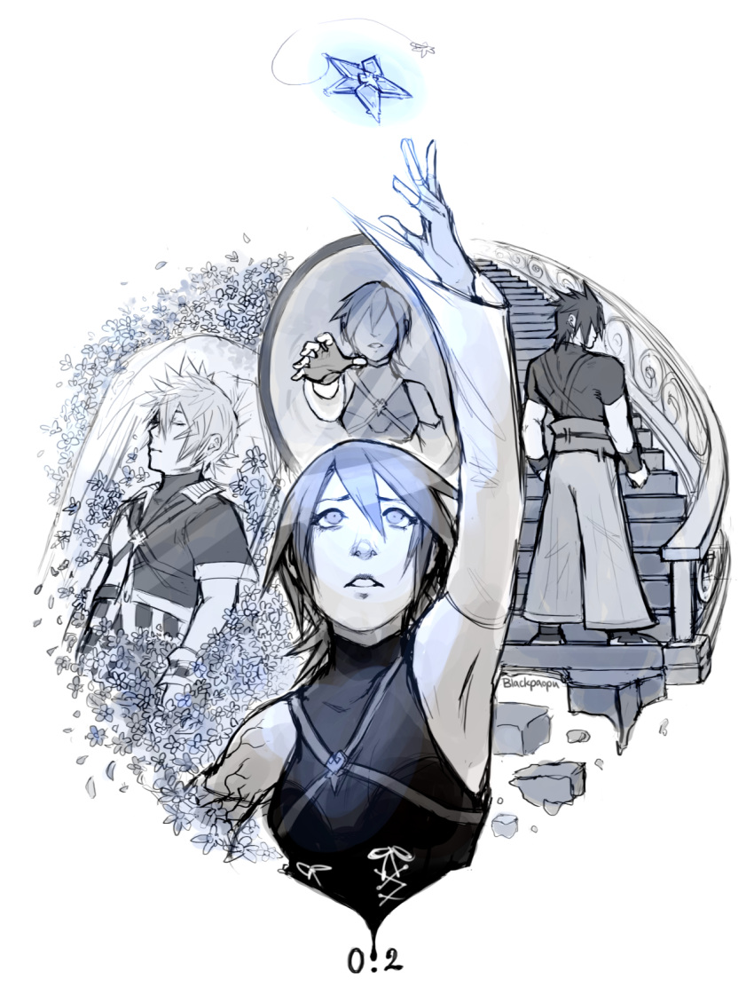 1girl, 2boys, aqua_(kingdom_hearts), arm_up, armpits, artist_name, asymmetrical_clothes, blackpaopu, closed_eyes, detached_sleeves, dual_persona, fingerless_gloves, flower, gloves, highres, kingdom_hearts, looking_up, mirror, monochrome, multiple_boys, outstretched_arm, parted_lips, stairs, stairwell, terra_(kingdom_hearts), ventus