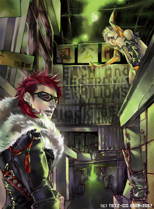 eyepatch, fur, glasses, piercings, redhead, tetz-co