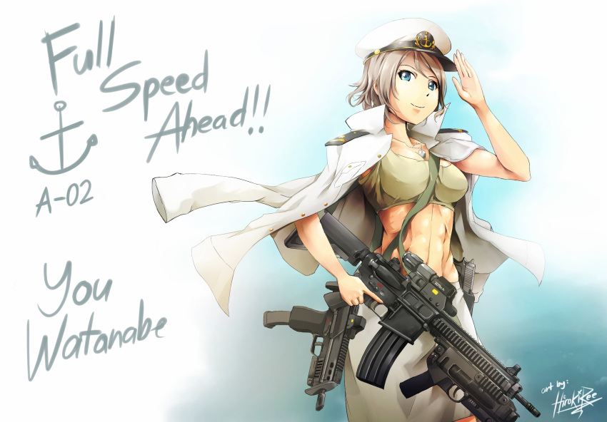 1girl, assault_rifle, blue_eyes, breasts, character_name, cleavage, collarbone, crop_top