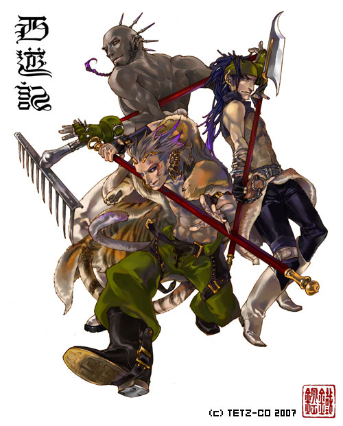 bald, boots, dark_skin, gloves, journey_to_the_west, piercings, tetz-co, topless