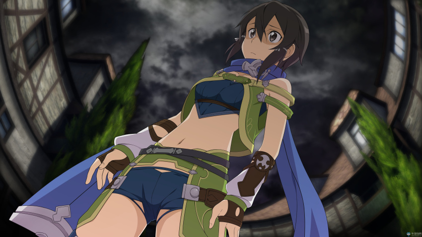 1girl, absurdres, black_hair, blue_scarf, blue_shirt, blue_shorts, brown_eyes, collarbone