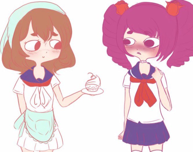 2girls, amai_odayaka, apron, blush, brown_hair, cupcake, drill_hair, kizana_sunobu