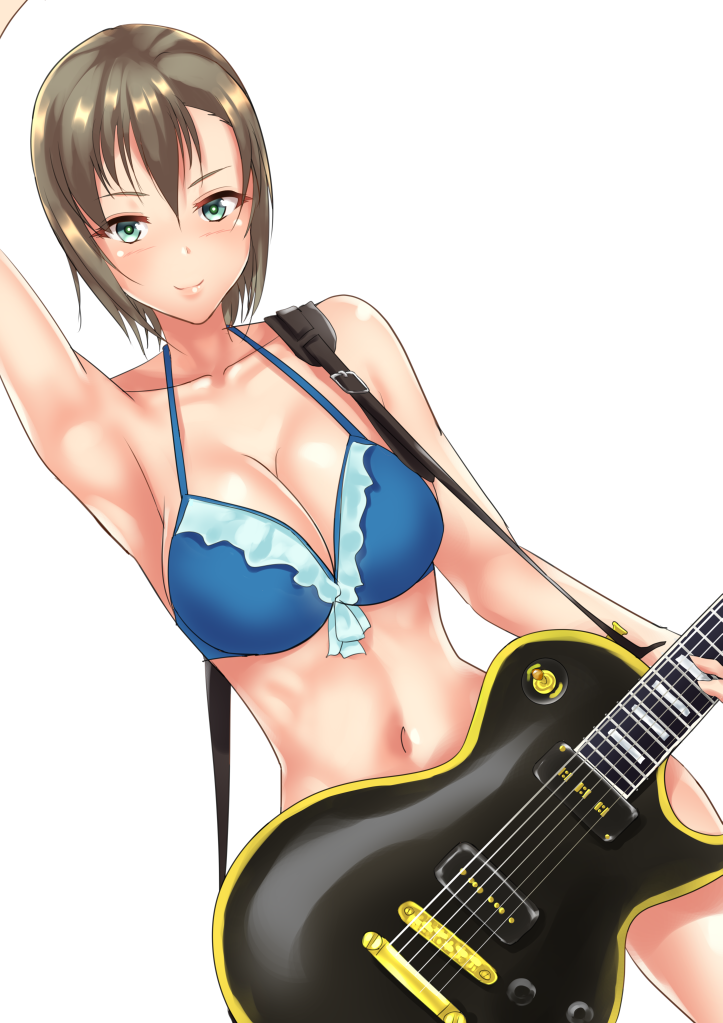 1girl, armpits, bikini, blue_bikini, blue_swimsuit, breasts, brown_hair, cleavage, electric_guitar, green_eyes, guitar, idolmaster, idolmaster_cinderella_girls, instrument, les_paul, navel, short_hair, solo, swimsuit, tada_riina, takeda_seiji, white_background