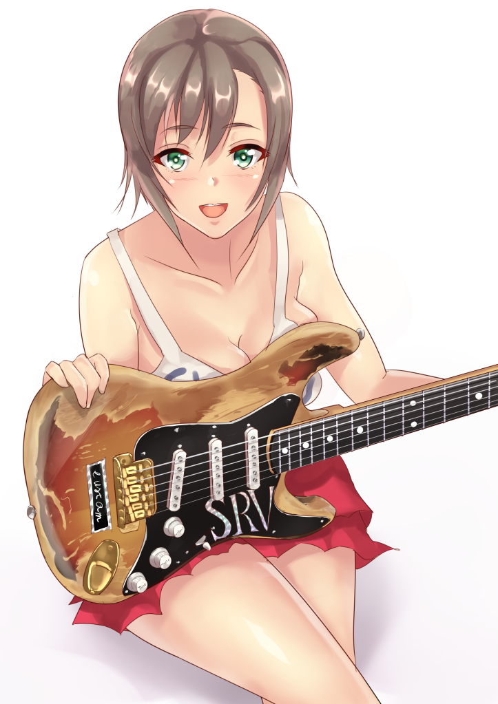 1girl, breasts, brown_hair, cleavage, electric_guitar, green_eyes, guitar, idolmaster, idolmaster_cinderella_girls, instrument, open_mouth, red_skirt, short_hair, signature, skirt, smile, solo, stevie_ray_vaughan, stratocaster, tada_riina, takeda_seiji, tank_top, white_background