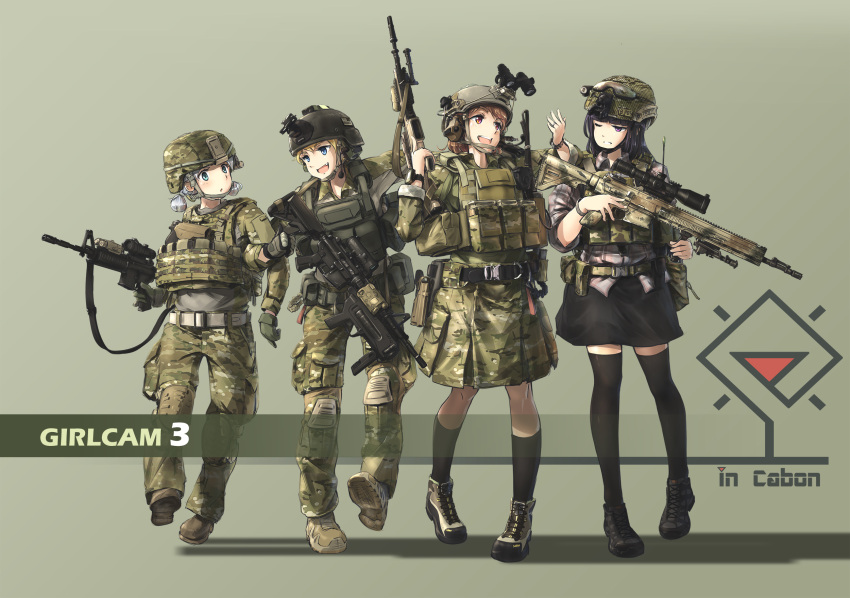 4girls, :d, :o, belt, black_hair, blonde_hair, blue_eyes, brown_eyes