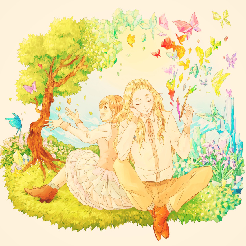 1boy, 1girl, blonde_hair, blue_eyes, blue_sky, brown_shoes, butterfly, christopher_weatherfield, closed_eyes, crystal, dress, earrings, elbow_on_knee, facing_viewer, grass, hair_ornament, hand_on_own_cheek, hetero, highres, jewelry, long_hair, looking_to_the_side, maru_come, open_mouth, outdoors, paintbrush, protagonist_(tokimemo_gs2), shoes, sky, tokimeki_memorial, tokimeki_memorial_girl's_side, tokimeki_memorial_girl's_side_2nd_kiss, tree