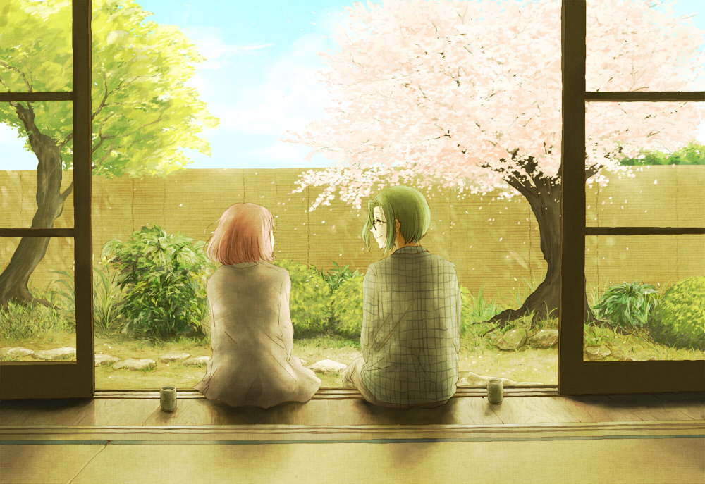 1boy, 1girl, blue_sky, cherry_blossoms, cup, eye_contact, facing_away, fence, glasses, green_hair, hetero, looking_at_another, maru_come, morimura_sakuya, plant, protagonist_(tokimemo_gs), sitting, sky, tokimeki_memorial, tokimeki_memorial_girl's_side, tree
