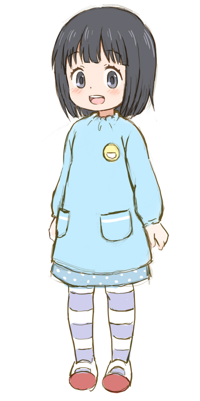 1girl, black_eyes, black_hair, blush, child, kindergarten_uniform, lasto, open_mouth, original, solo, striped, striped_legwear