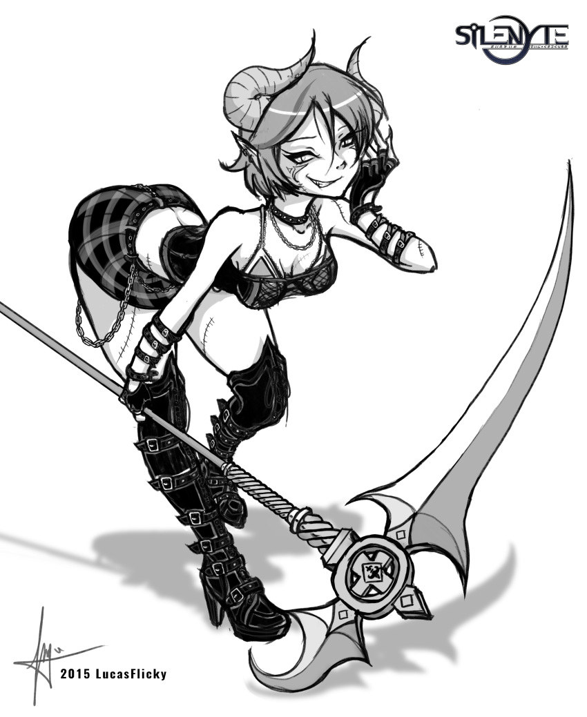 1girl, boots, chains, choker, demon, horns, leaning, looking_at_viewer, phuse, phuse_morken, pointy_ears, scythe, short_hair, silenyte, skirt, smirk, stitches