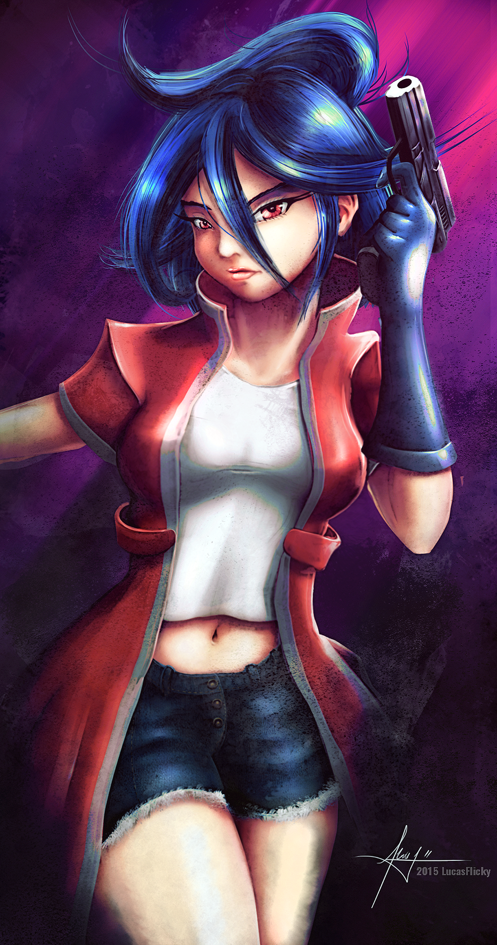 1girl, absurdres, blue_hair, gloves, lithium, midriff, navel, pistol, red_coat, red_eyes, short_hair, silenyte