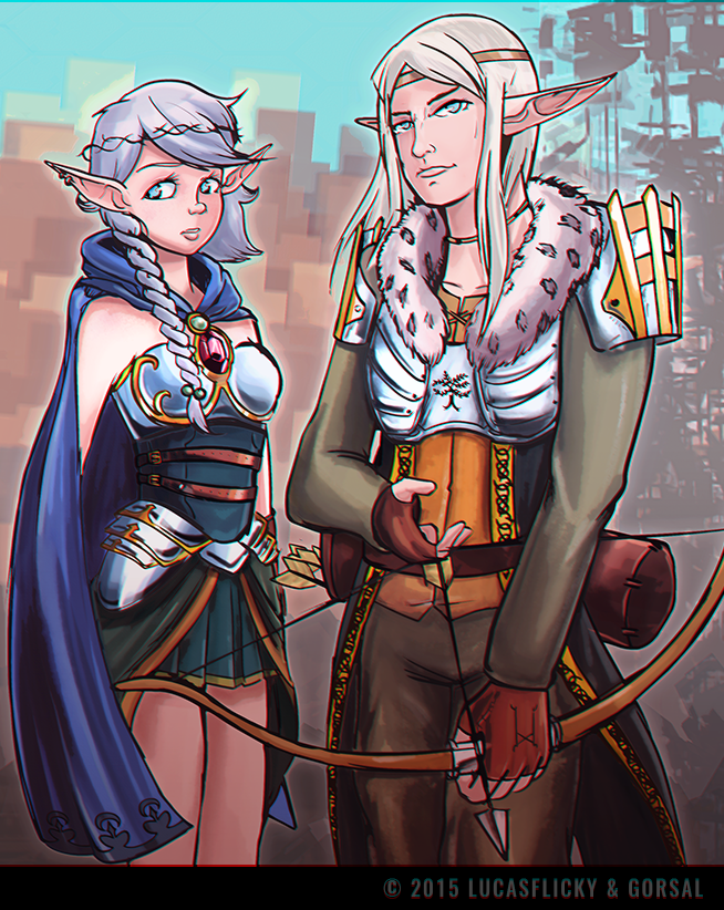 1boy, 1girl, archer, armor, blonde_hair, bow, cape, cowboy_shot, elf, fantasy, keitronic, looking_back, lucasflicky, standing, tagme