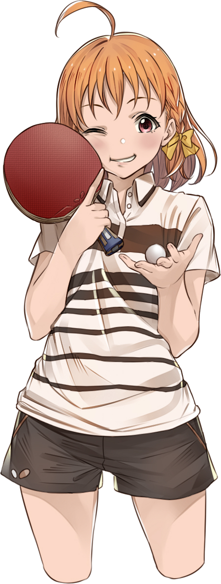 1girl, blush, happy, love_live!_school_idol_project, love_live!_sunshine!!, orange_hair, pingpong, polo