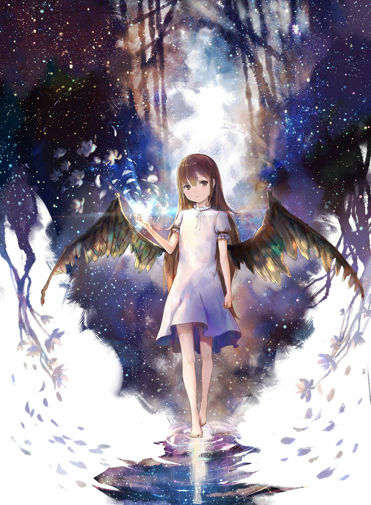 1girl, barefoot, brown_hair, deemo, dress, full_body, girl_(deemo), highres, light, long_hair, looking_at_viewer, ripples, sishenfan, solo, wings