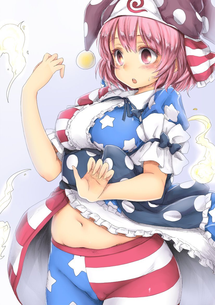 1girl, :o, american_flag_legwear, arm_garter, bangs, blush, breasts, chikado