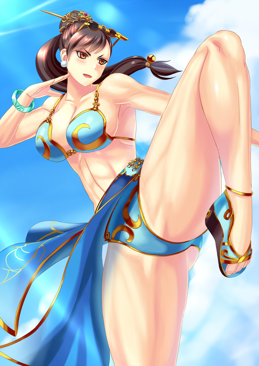 1girl, alternate_costume, alternate_hairstyle, armpits, bikini, blue_sky, bracelet, breasts, brown_hair, chun-li, cleavage, fighting_stance, hair_bun, hair_ornament, hairpin, highres, jewelry, leg_up, ponytail, ryourou_(edexigerero), sarong, sky, smile, solo, street_fighter, street_fighter_v, sunglasses, sunglasses_on_head, swimsuit, toned
