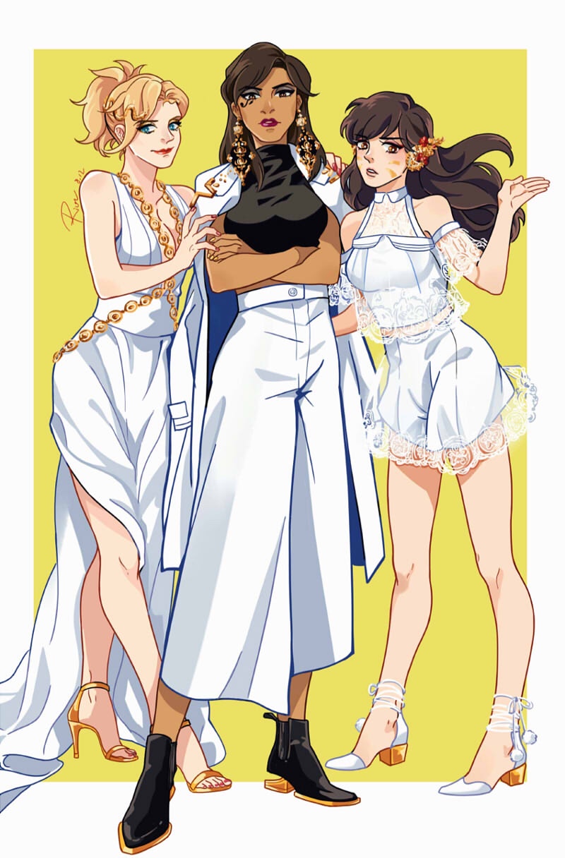 3girls, alternate_hairstyle, bare_shoulders, black_hair, black_shirt, black_shoes, blonde_hair, blue_eyes