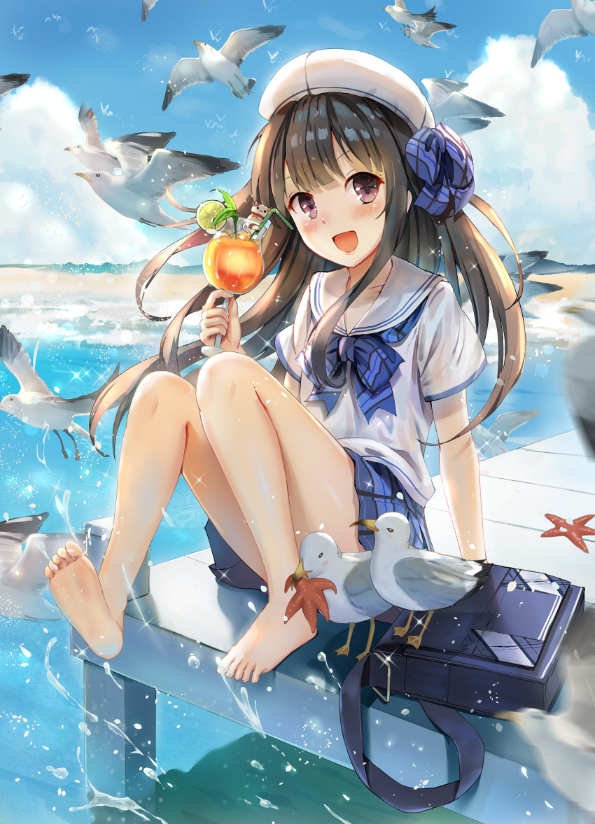 1girl, :d, arm_support, bag, bangs, bare_legs, barefoot, beach