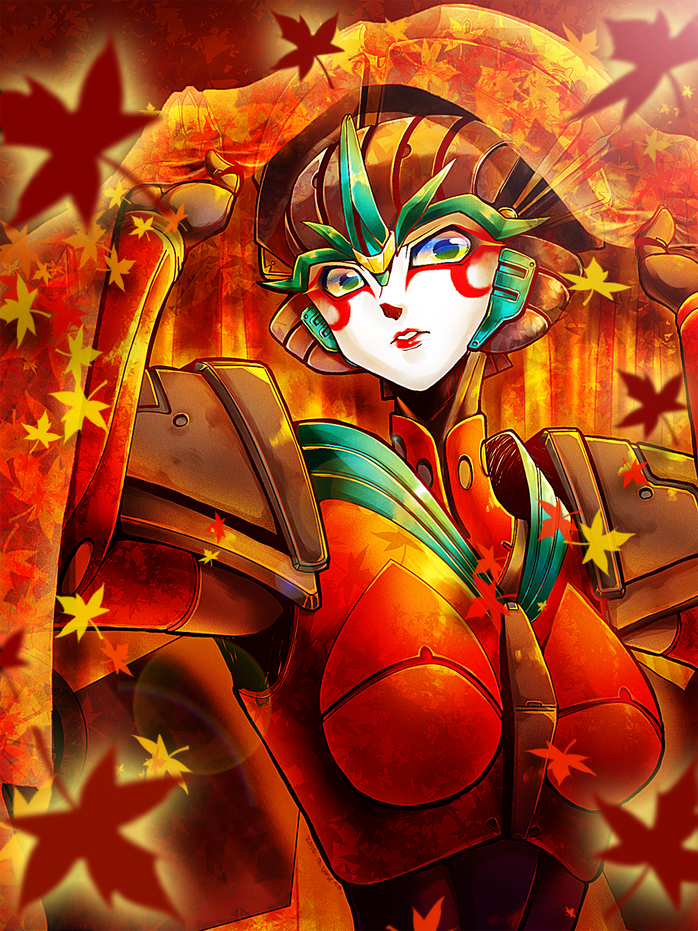 1boy, 1girl, autobot, breasts, glowing, glowing_eyes, highres, lips, mecha, no_humans, robot, science_fiction, transformers, umetarou_(jack_sgt), windblade