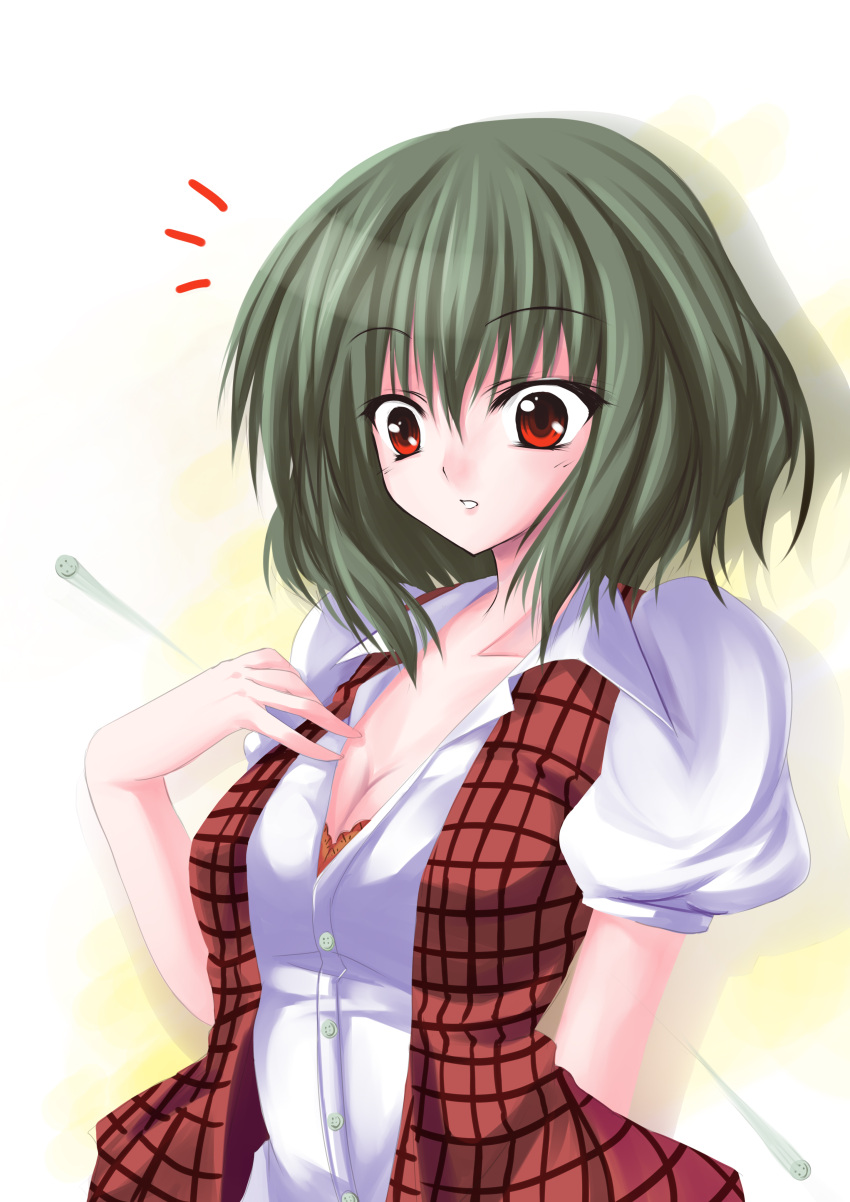 absurdres, bad_id, breasts, bursting_breasts, buttons, cleavage, green_hair, hand_on_own_chest