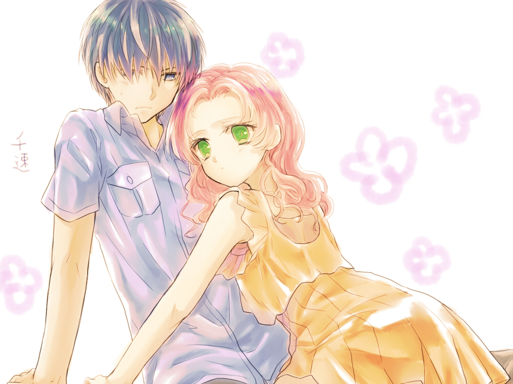 1boy, 1girl, ansatsu_kyoushitsu, chiba_ryuunosuke, dress, eyes_visible_through_hair, fujimi_(deathnet), green_eyes