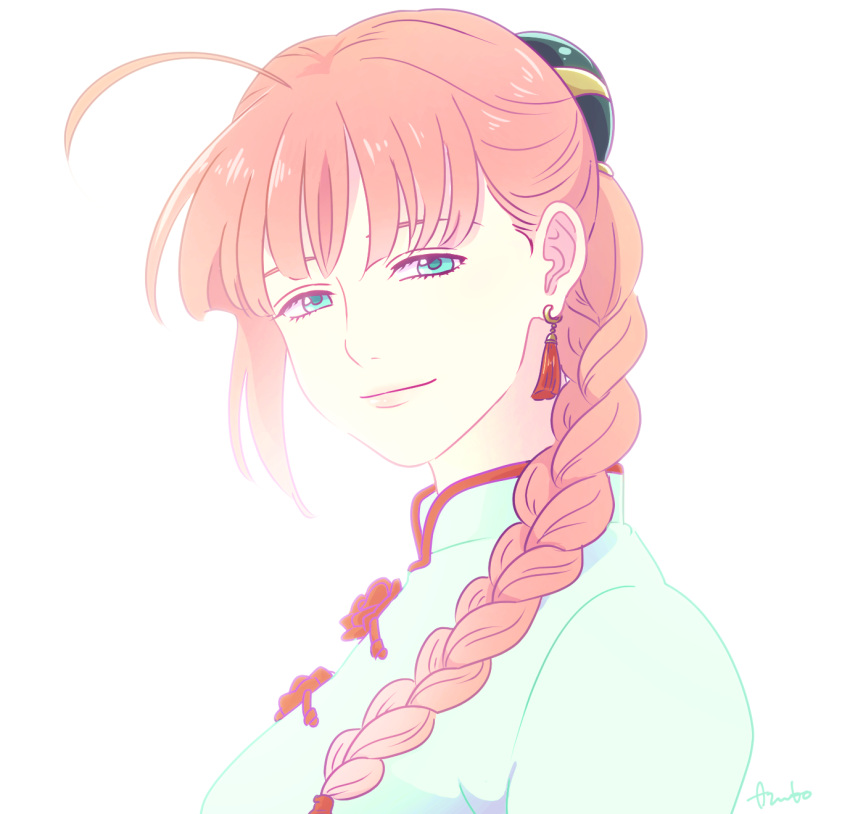 1girl, aqua_eyes, braid, bun_cover, chinese_clothes, earrings, gintama, highres