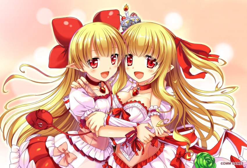 2girls, asymmetrical_docking, bag, blonde_hair, bow, breast_press, breasts, cake