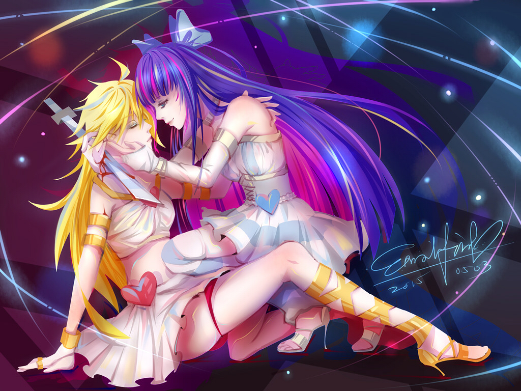 2015, 2girls, arm_support, artist_name, blonde_hair, blood, corset, dated