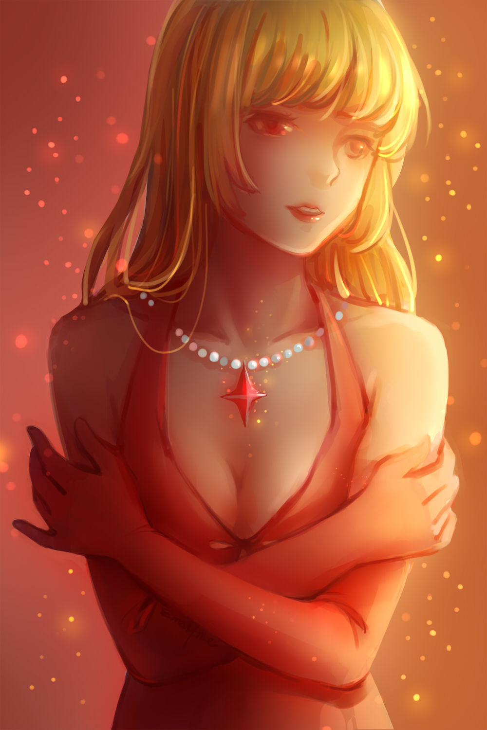 1girl, blonde_hair, breasts, character_request, cleavage, elbow_gloves, emalfire, evening_gown