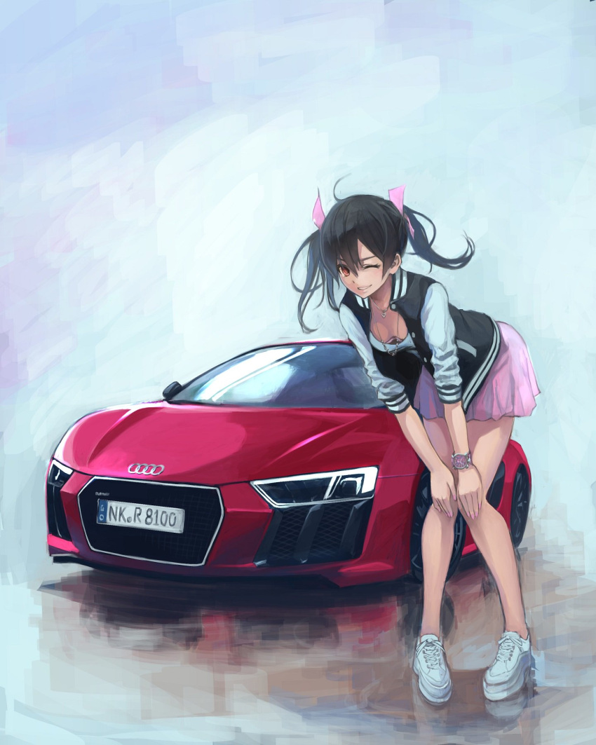1girl, audi, audi_r8, bent_over, black_hair, brown_eyes, car, casual, downblouse, ground_vehicle, hair_ribbon, hands_on_own_knees, highres, jacket, jewelry, jockey, koh_(minagi_kou), license_plate, love_live!, love_live!_school_idol_project, motor_vehicle, necklace, one_eye_closed, open_clothes, open_jacket, ribbon, skirt, smile, twintails, watch, yazawa_nico