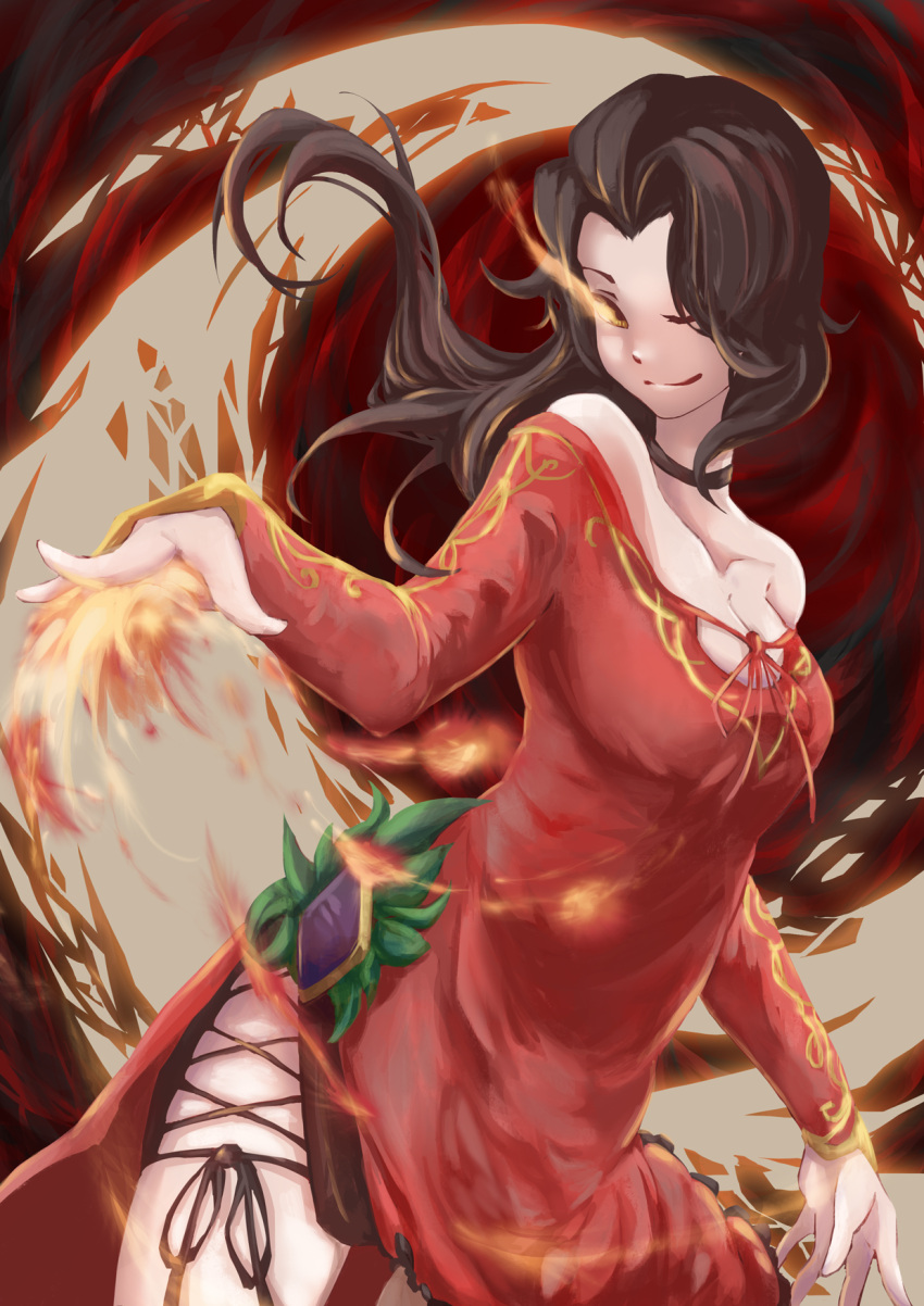 1girl, breasts, brown_hair, burning_eye, cinder_fall, cleavage, fire, highres, koba_hanai, long_hair, rwby, side_slit, solo