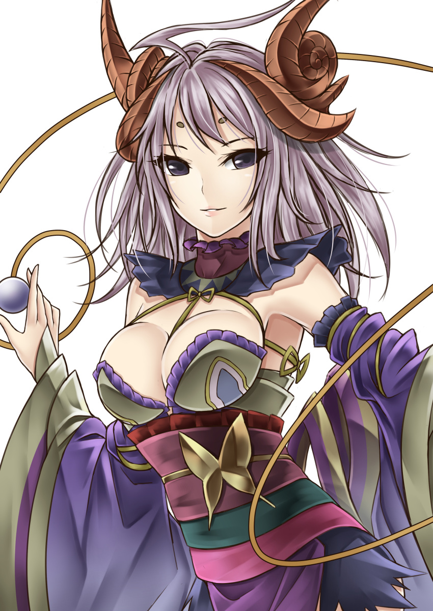1girl, absurdres, ahoge, between_breasts, breasts, butterfly, cleavage, detached_sleeves