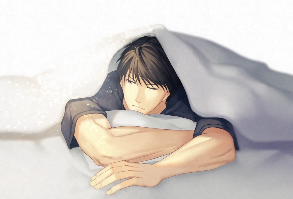 1boy, alternate_costume, black_hair, blanket, eyebrows, eyebrows_visible_through_hair, fullmetal_alchemist, lying, male_focus, mizui_xl, on_stomach, one_eye_closed, roy_mustang, solo, under_covers