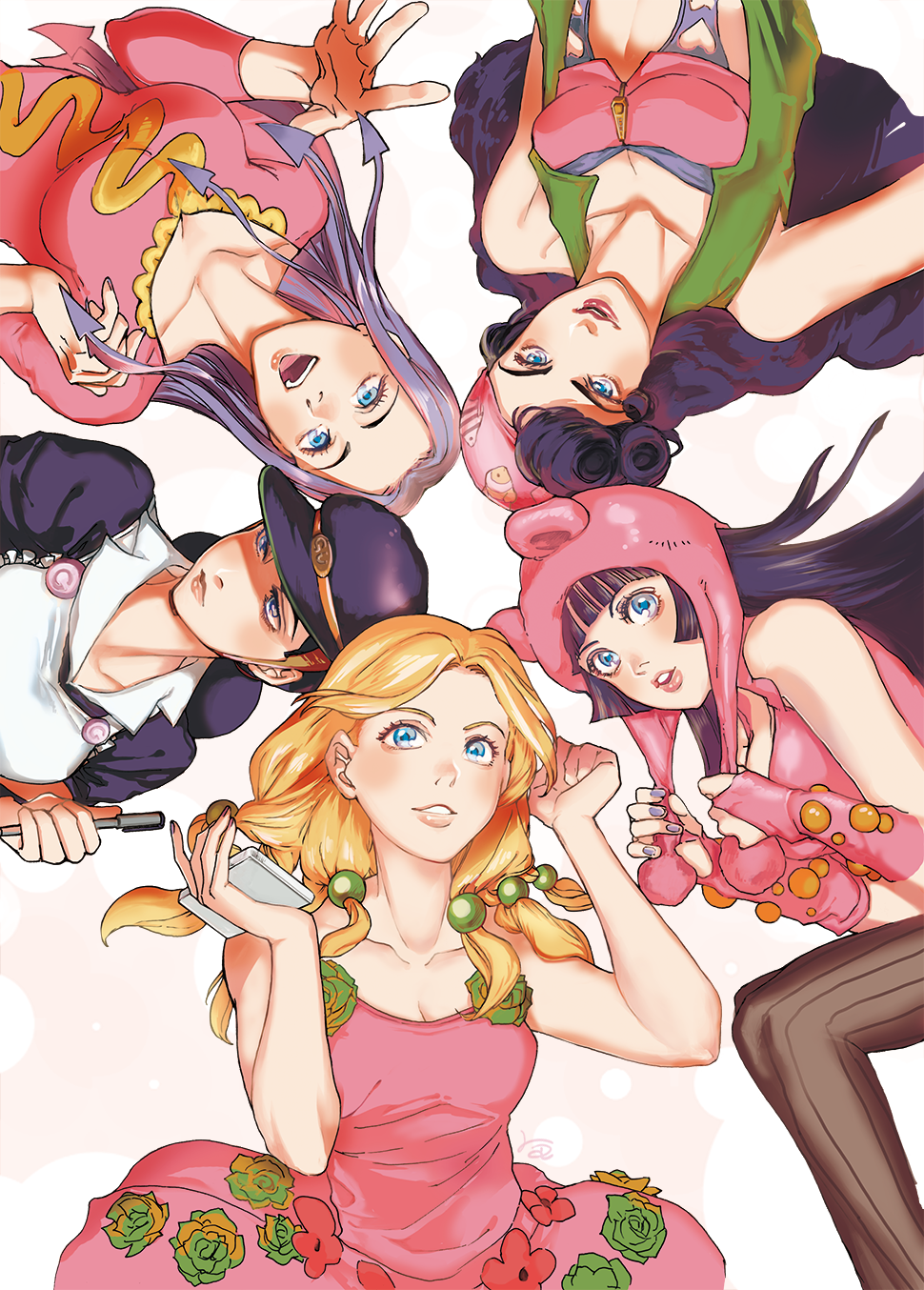5girls, bear_hat, blonde_hair, blue_eyes, breasts, cellphone, cleavage, cover