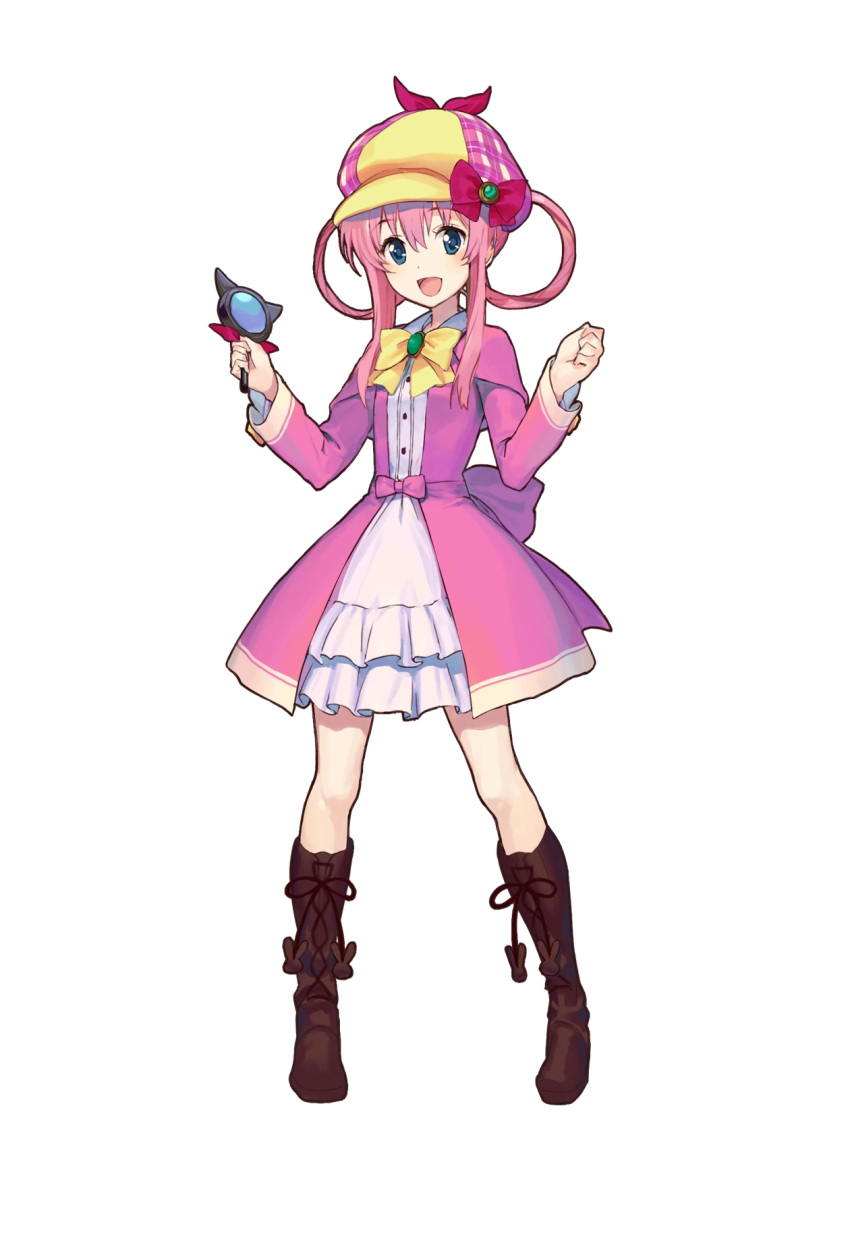 1girl, aqua_eyes, boots, capelet, deerstalker, dress, full_body, hair_over_shoulder, hat, highres, holding, long_hair, magnifying_glass, mizutoumi_(graphic_loops), official_art, open_mouth, sherlock_shellingford, sidelocks, simple_background, solo, tantei_opera_milky_holmes, toys_drive, twintails, white_background