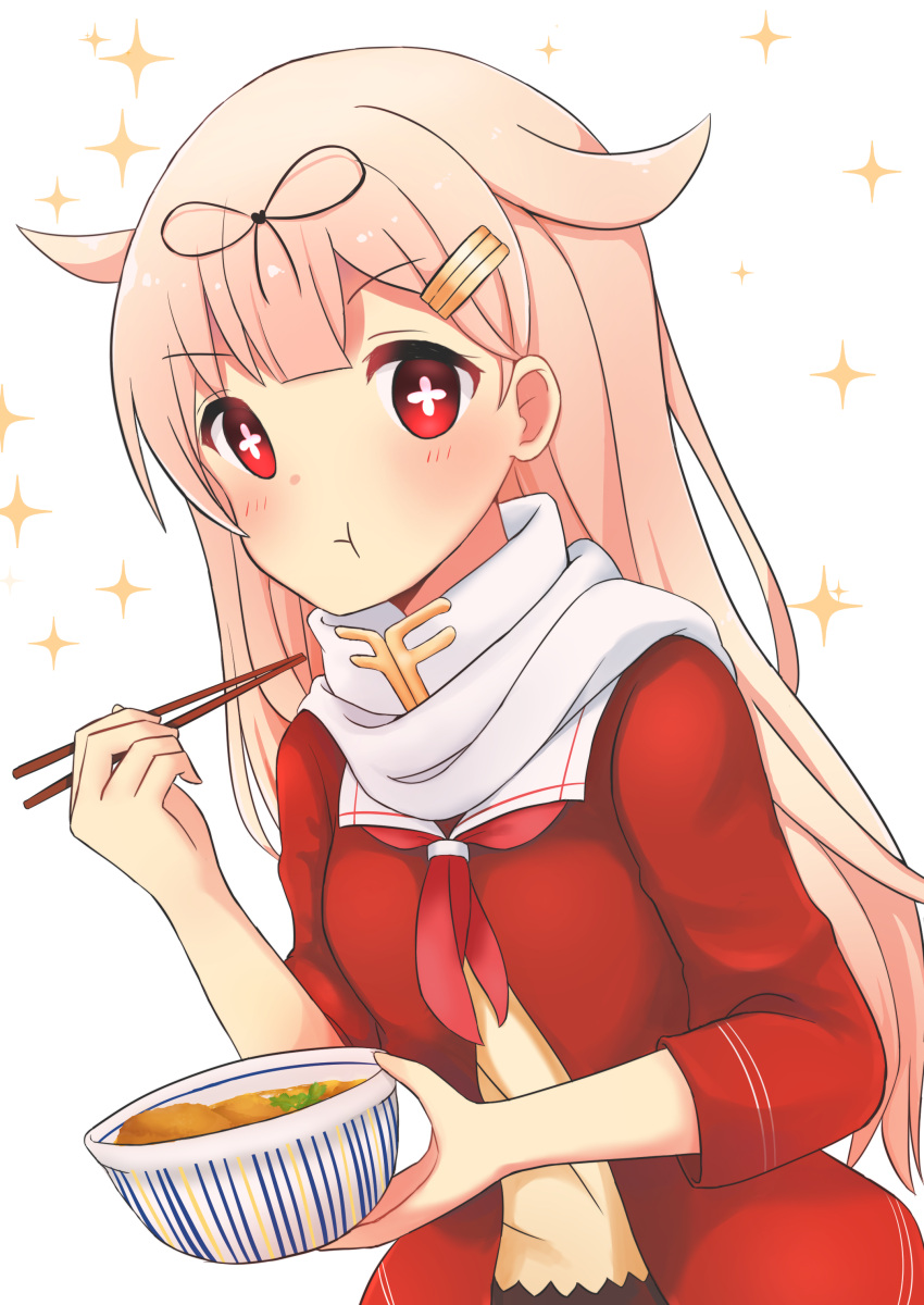 000_(jicasoe), 1girl, :t, absurdres, alternate_costume, bangs, blonde_hair, blunt_bangs, blush, chopsticks, closed_mouth, eating, eyebrows, eyebrows_visible_through_hair, food, food_bowl, hair_flaps, hair_ornament, hair_ribbon, hairclip, highres, holding_bowl, jacket, kantai_collection, long_hair, long_sleeves, looking_at_viewer, neckerchief, open_clothes, open_jacket, red_eyes, red_jacket, remodel_(kantai_collection), ribbon, scarf, solo, sparkle, symbol-shaped_pupils, tareme, upper_body, very_long_hair, white_scarf, yuudachi_(kantai_collection)