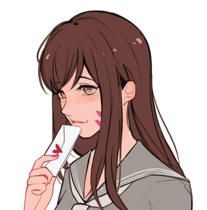 1girl, bjmaki, blush, brown_hair, closed_mouth, commentary, d.va_(overwatch), grey_blouse, holding, letter, long_hair, love_letter, nail_polish, neckerchief, overwatch, pink_nails, sailor_collar, school_uniform, serafuku, simple_background, smile, solo, upper_body, whisker_markings, white_background