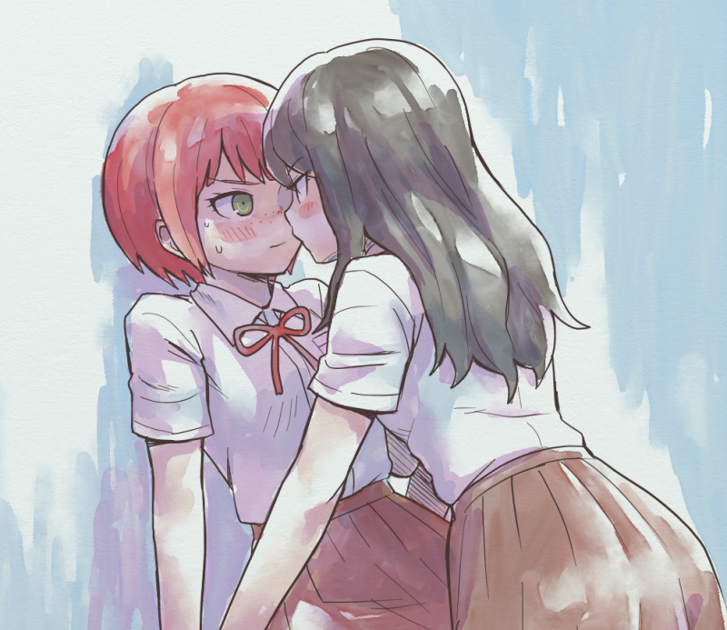 2girls, black_hair, blush, dangan_ronpa, face-to-face, freckles, green_eyes, koizumi_mahiru