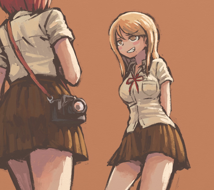 2girls, blonde_hair, blush_stickers, camera, dangan_ronpa, green_eyes, koizumi_mahiru, kuzuryuu_natsumi