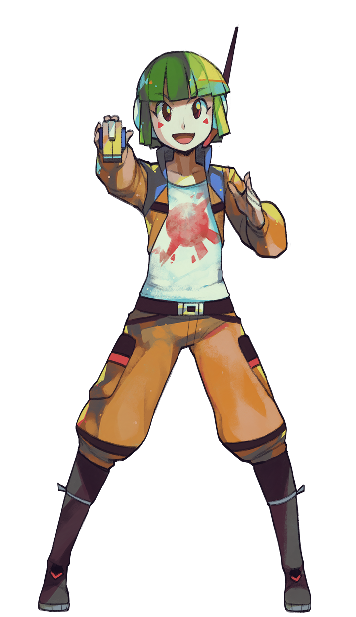 1girl, ale_(blue_revolver), alpha_transparency, bangs, blue_revolver, blunt_bangs, boots, cropped_jacket, eric_muentes, eyelashes, facial_mark, green_hair, headphones, highres, knee_boots, multicolored_hair, official_art, red_eyes, short_hair, smile, transparent_background, two-tone_hair, wide_stance