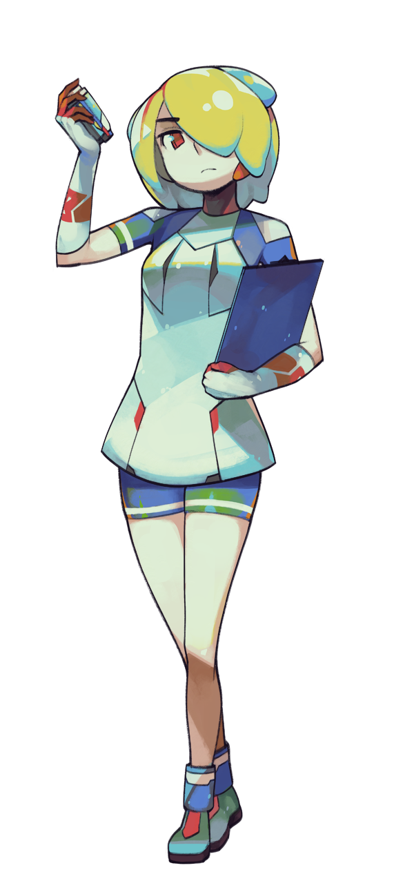1girl, alpha_transparency, arm_up, bike_shorts, blonde_hair, blue_revolver, clipboard, dee_(blue_revolver)