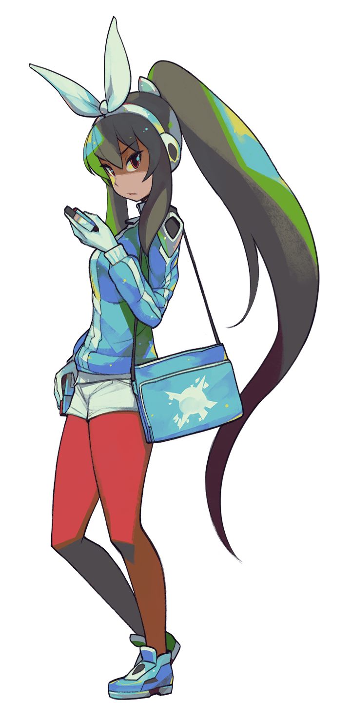 1girl, alpha_transparency, bag, blue_revolver, brown_hair, eric_muentes, full_body, gloves