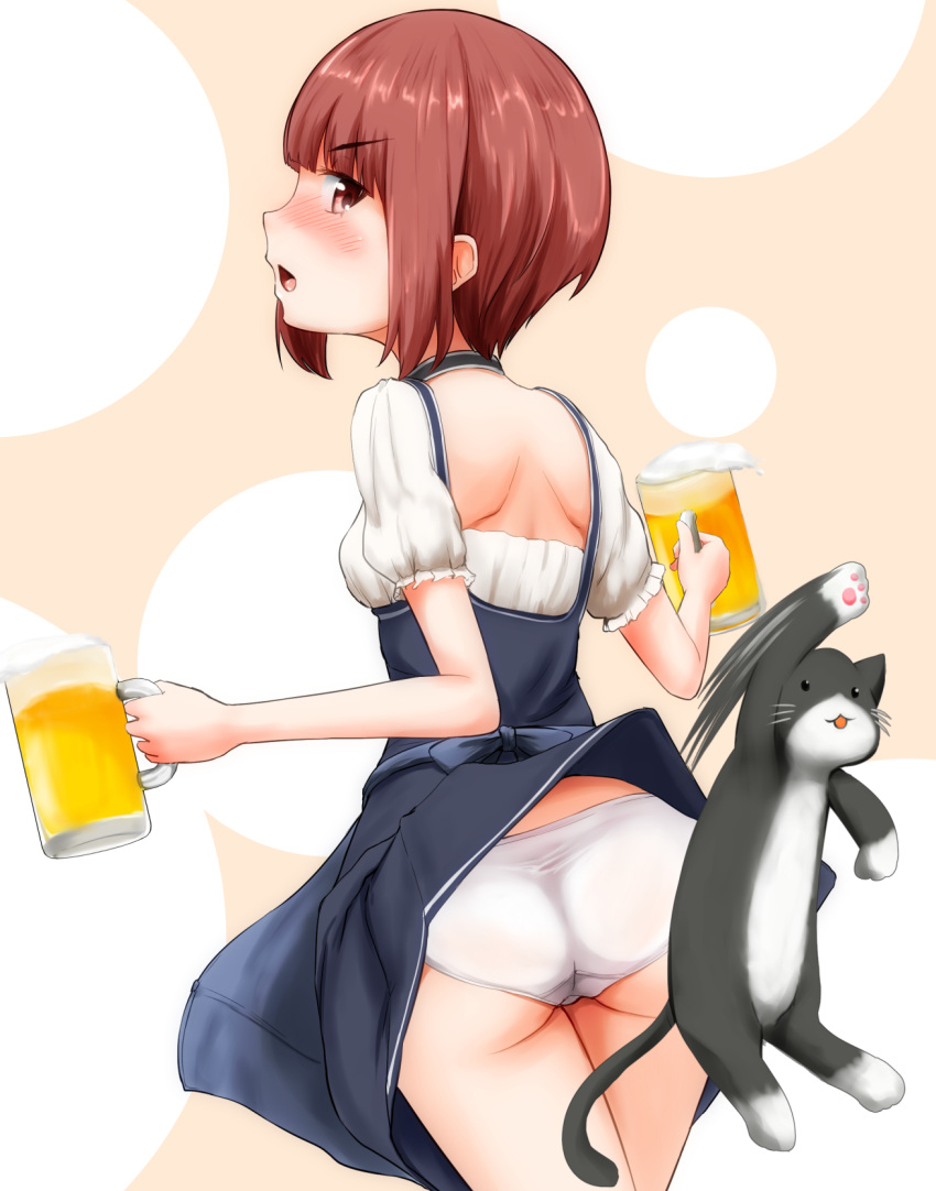 >:d, 1girl, :d, alcohol, alternate_costume, animal, ass, assisted_exposure, auburn_hair, bangs, beer, beer_mug, blue_dress, blunt_bangs, blush, brown_eyes, cat, cowboy_shot, dirndl, dress, embarrassed, eyebrows, eyebrows_visible_through_hair, frilled_sleeves, frills, german_clothes, highres, kantai_collection, looking_back, maple_takoyaki, motion_blur, no_headwear, open_mouth, panties, paws, short_hair, short_sleeves, shoulder_blades, smile, solo, standing, underwear, unsinkable_sam, upskirt, white_panties, z3_max_schultz_(kantai_collection)