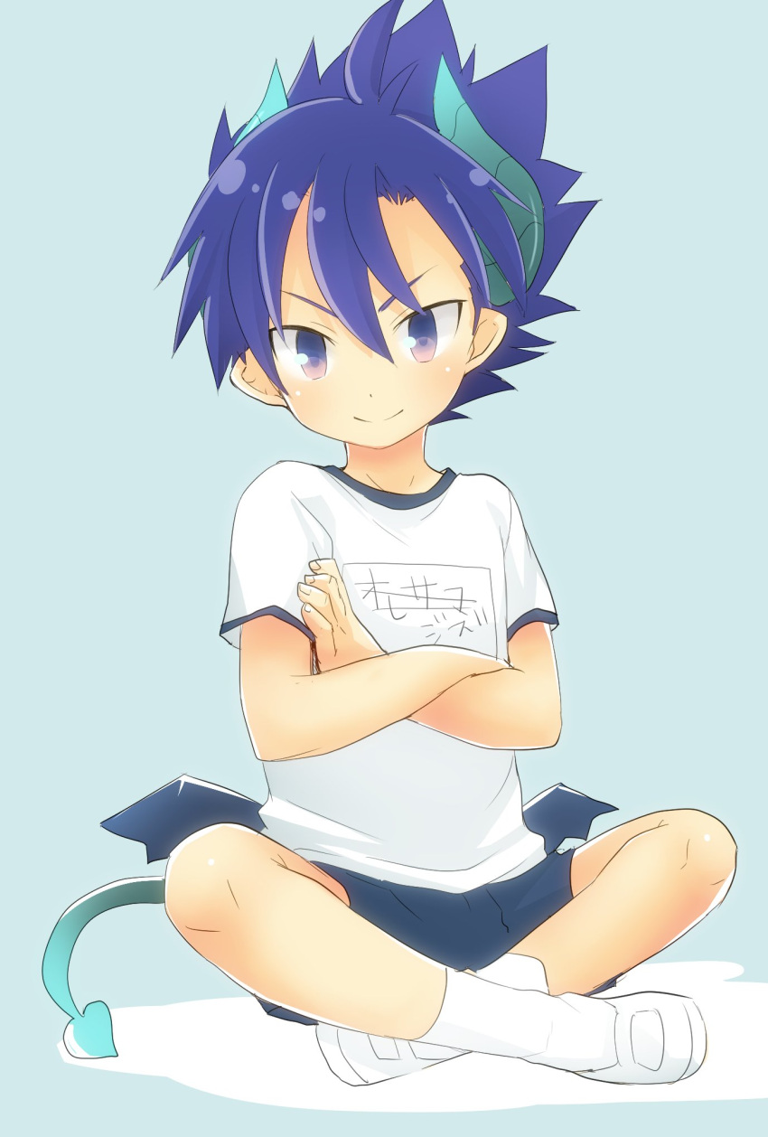 1boy, blue_hair, blush, demon_boy, demon_tail, demon_wings, gym_uniform, highres