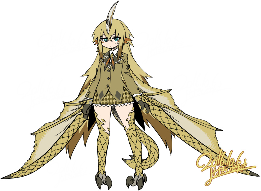 1girl, blonde_hair, blue_eyes, horn, long_hair, looking_at_viewer, monster_hunter, personification, scales, seregios, simple_background, solo, talons, white_background, wings, yoshida_hideyuki